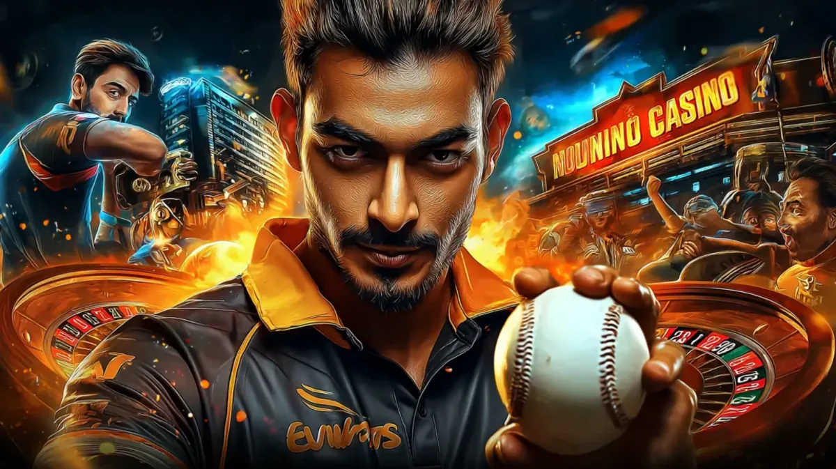 একটি তীব্র ক্রিকেট খেলোয়াড় একটি ক্রিকেট বল ধারণ করছেন, একটি সমন্বিত চিত্র যেখানে খেলার স্টেডিয়াম ace67 গেমিং প্ল্যাটফর্মের উজ্জ্বল নিওন-আলোর পরিবেশের সাথে মিলে যায়।