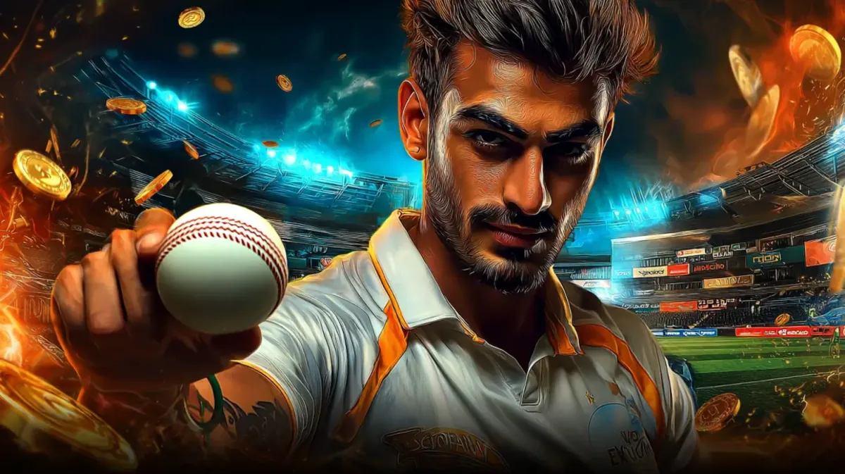 ace67-এ মনোযোগী ও তীব্র ভাবসম্পন্ন একজন পুরুষ ক্রিকেট খেলোয়াড় ভিড়ঘেরা স্টেডিয়ামে একটি ক্রিকেট বল উঁচু করে ধরেছেন; ace67-এ ক্রিকেট-গেমিংয়ের উত্তেজনাপূর্ণ জগৎ প্রচারের জন্য। স্বর্ণালি কয়েন ও আগুন-প্রভাব নাটককে বেশি রোমাঞ্চকর করে তোলে।